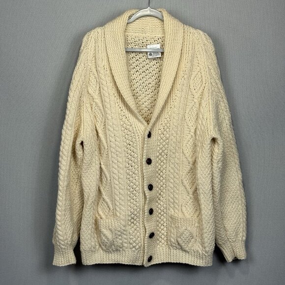 Irish Cottage Sweater Mens Beige Wool Cardigan Chunky Cable Knit Pockets Buttons - Picture 1 of 8